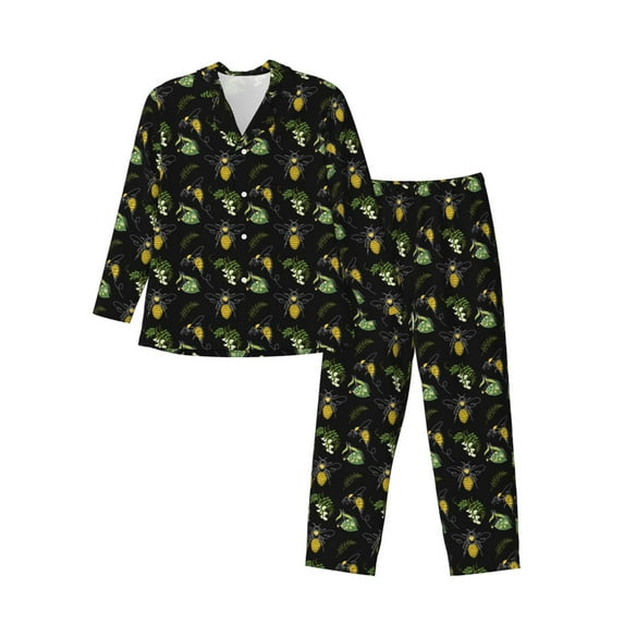 Salouo Bee Floral Print Button-Front Long Sleeve Pajama Set for Men, Soft 2Pjs Men's Long Sleeve Sleepwear-X-Large