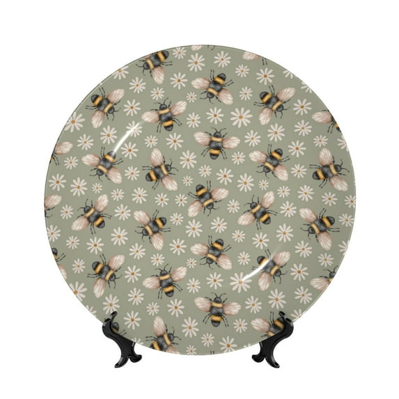 Salouo Bees And Chamomile Pattern Bone China Decorative Plate,Holiday Decor Decorative Ceramic Plates with Stand Elegant Home DéCor for Hallway/Living Room/Bedroom-10in