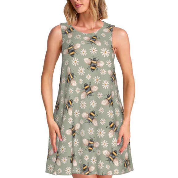 Salouo Bees And Chamomile for Women's Summer Dresses 2025 Beach Casual U Neck Sleeveless Tank Loose Sundress with Pocket -X-Large