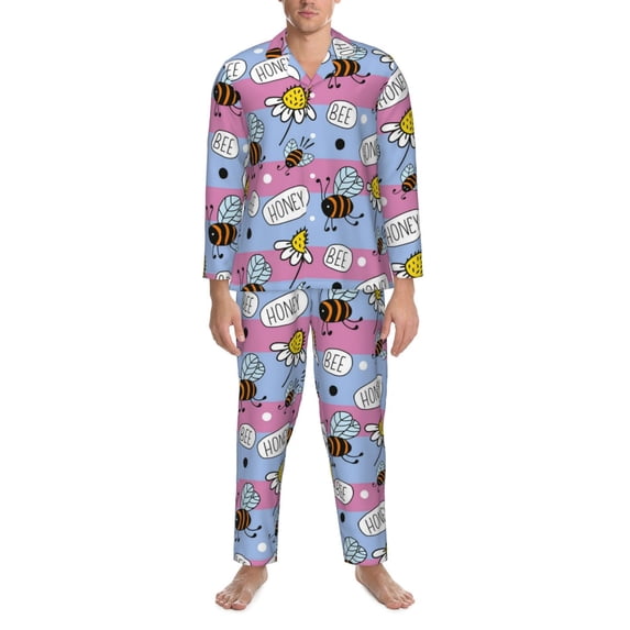 Salouo Bees And Daisies Striped Print Button-Front Long Sleeve Pajama Set for Men, Soft 2Pjs Men's Long Sleeve Sleepwear -X-Large