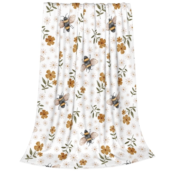Salouo Bees And Flowers Print Bed Blankets,Flannel Blanket Comfortable Air Conditioning Blanket Lightweight Blanket for Sofa Bed Travel & Couch -80"x60"