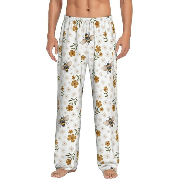 Salouo Bees And Flowers Print Pajama Pants for Men, Lounge Pants Elastic Waistband Casual Men's sleepwear Loungewear Sleep Pajama Pant -Large