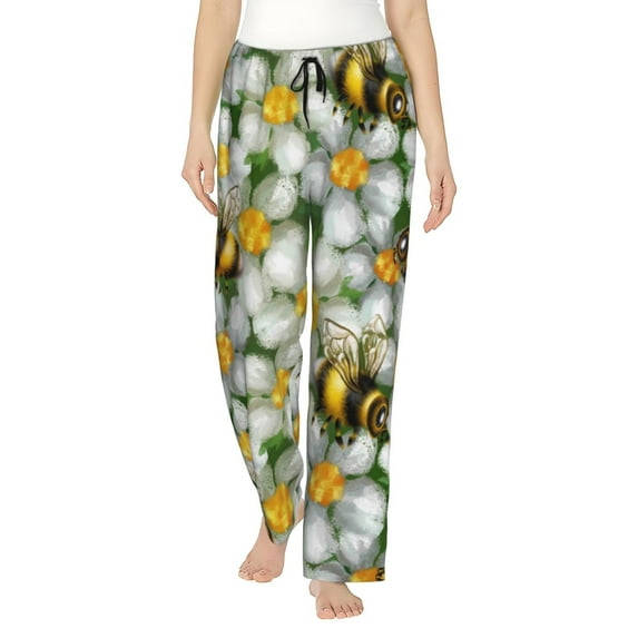 Salouo Bees and Flower Print Women's Pajama Pants Casual Loose Sweatpants PJs Flowy Pants Drawstring Palazzo for Women Wide Leg Pants Lounge Pajama -XX-Large