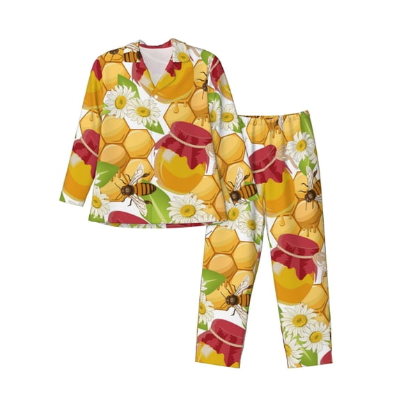 Salouo Bees Honeycomb Print Button-Front Long Sleeve Pajama Set for Men, Soft 2Pjs Men's Long Sleeve Sleepwear-X-Large