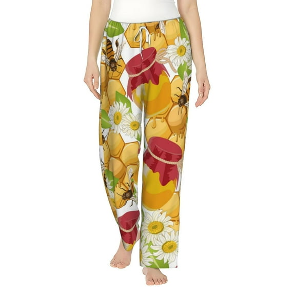 Salouo Bees Honeycomb Print Women's Pajama Pants Casual Loose Sweatpants PJs Flowy Pants Drawstring Palazzo for Women Wide Leg Pants Lounge Pajama -Large