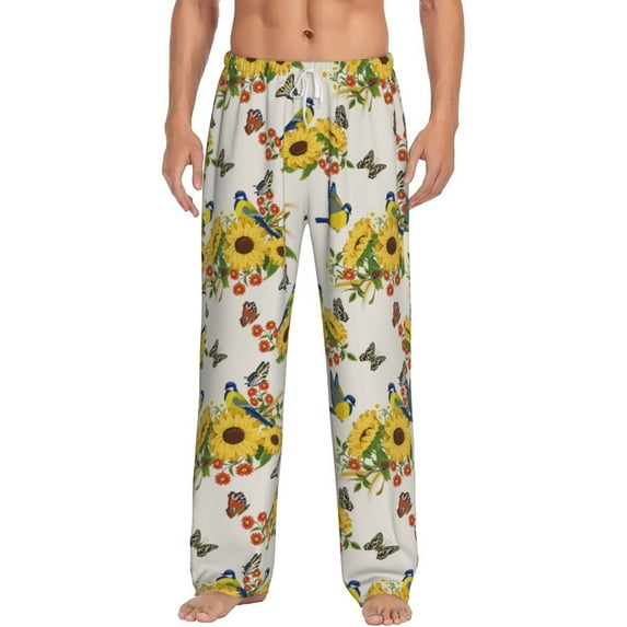 Salouo Bird Sunflowers Print Pajama Pants for Men, Lounge Pants Elastic Waistband Casual Men's sleepwear Loungewear Sleep Pajama Pant -Large