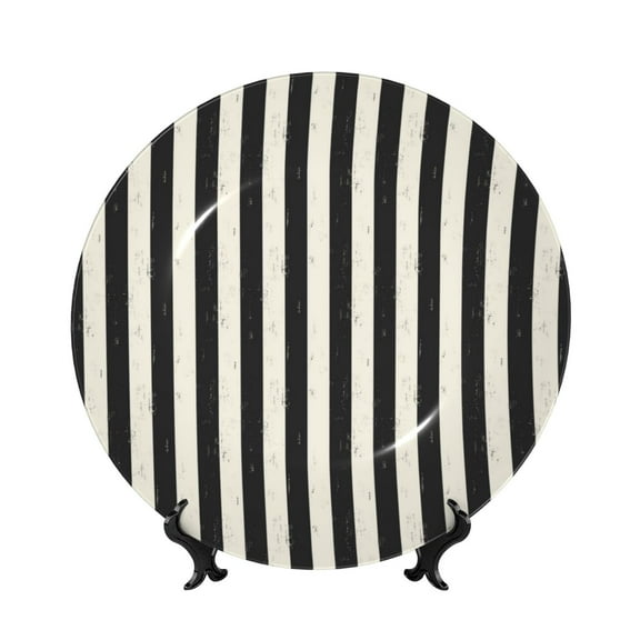 Salouo Black And White Thick Stripes Pattern Bone China Decorative Plate,Holiday Decor Decorative Ceramic Plates with Stand Elegant Home DéCor for Hallway/Living Room/Bedroom-6in