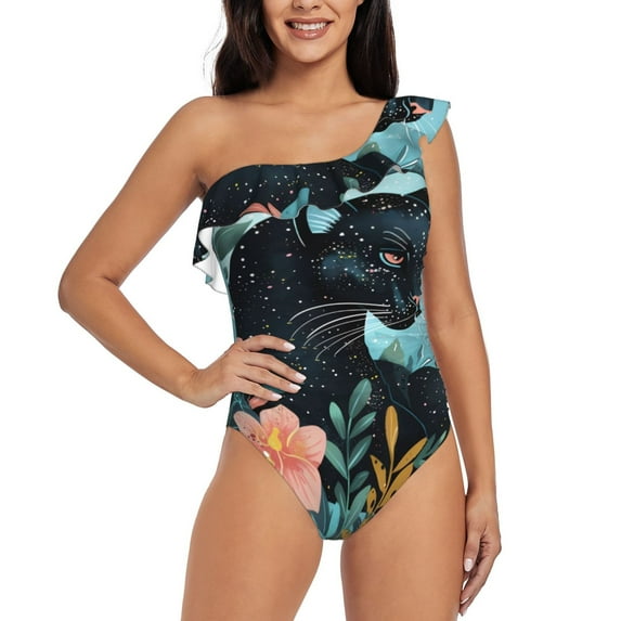 Salouo Black Panther Floral Illustration Pattern One Shoulder Ruffled One Piece Swimsuit for Women V Neck Swimwear Tummy Control Bathing Suit-X-Large