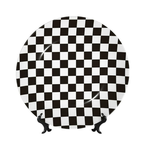 Salouo Black and White Checkerboard Pattern Bone China Decorative Plate,Holiday Decor Decorative Ceramic Plates with Stand Elegant Home DéCor for Hallway/Living Room/Bedroom-6in