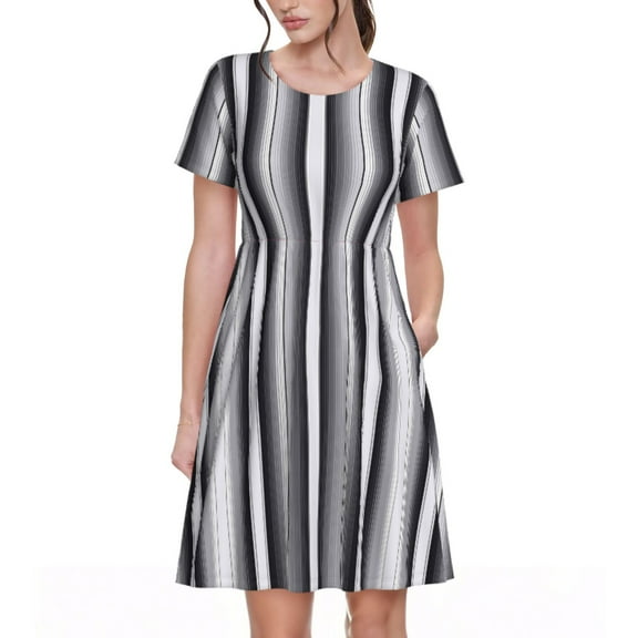 Salouo Black White Gray Mexican Blanket Serape Stripes for Women's Short Sleeve Summer Dress, Pleated Loose Swing Knee Length Dresses with Pockets