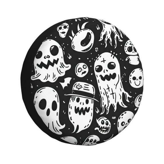 Salouo Black White Spooky Ghosts Print Spare Tire Cover 14-17 inch Spare Tire Protector Universal Tough Tire Wheel Cover for Trailer SUV and Truck-17 inch