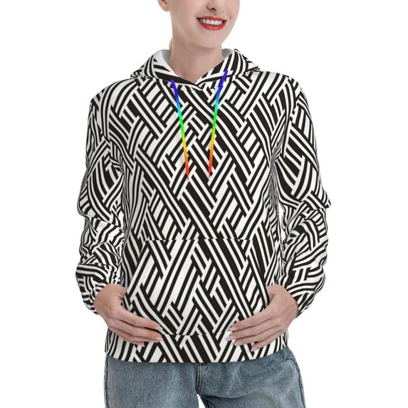 Salouo Black White Stripes Pattern Hoodie Sweatshirts for Women, Autumn Pullover Hoodie Workout Sweat Women's Long Sleeve Preppy Sweatshirts-X-Large