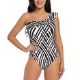 thumbnail image 1 of Salouo Black White Stripes Pattern One Shoulder Ruffled One Piece Swimsuit for Women V Neck Swimwear Tummy Control Bathing Suit-Small, 1 of 6