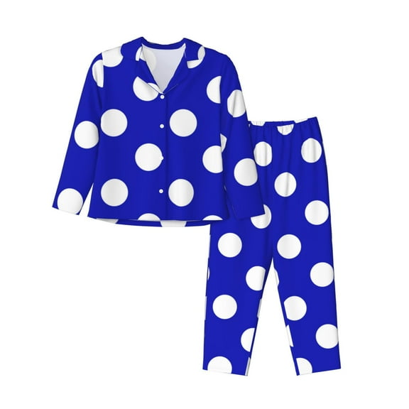 Salouo Blue And White Polka Dot Pattern Women's Pajamas Set Long Sleeve Button Down Sleepwear Soft Pj Lounge Sets for women 2 Piece Pjs Set with Long Pants-Small