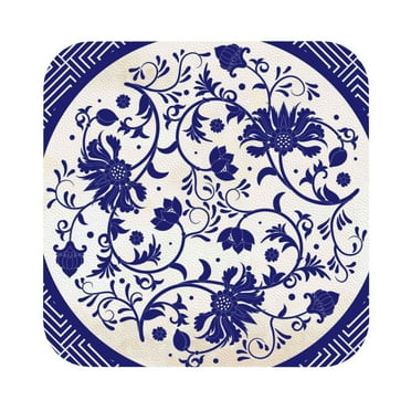 Salouo Blue And White Porcelain Pattern Print Round Coaster,Drink Coasters Leather Bar Beer Beverage Coasters for Drinks Set of 4 for Tabletop Protection, Coffee Table Decor