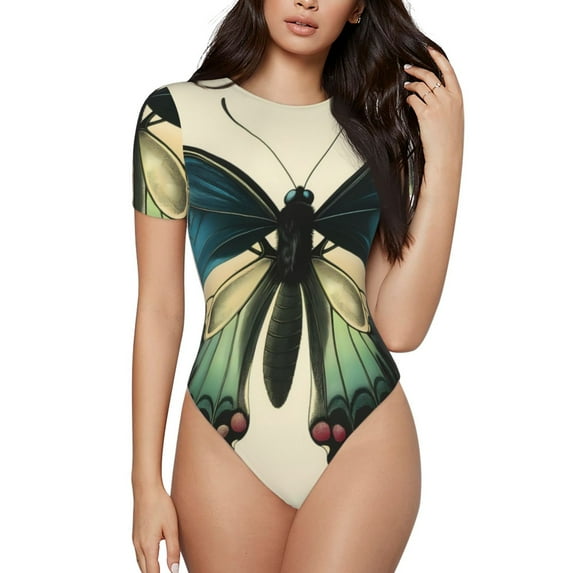 Salouo Blue Black Butterfly Art for Women's Short Sleeve Bodysuit,Sexy Bodysuits One Piece Round Neck Bodysuit Shapewear Tummy Control-XX-Large