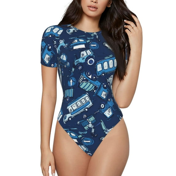 Salouo Blue Bus for Women's Short Sleeve Bodysuit,Sexy Bodysuits One Piece Round Neck Bodysuit Shapewear Tummy Control-