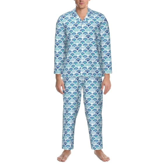 Salouo Blue Fish Scale Texture Print Button-Front Long Sleeve Pajama Set for Men, Soft 2Pjs Men's Long Sleeve Sleepwear -X-Large