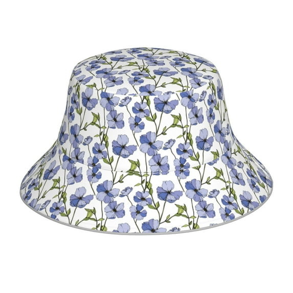 Salouo Blue Flax Flowers Print Unisex Bucket Hat, Outdoor Summer Beach Fishing Sun Hat Fun Outdoor Vacation Hat for Men Women Teens,Reversible Double-Side-Wear