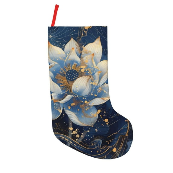 Salouo Blue Golden Dream Lotus Print Christmas Decorations Stockings 1 Pack 18'' Xmas Stockings Holiday Stocking Personalized Farmhouse Decor for Home Family Party Tree