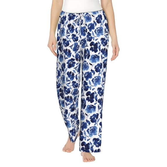 Salouo Blue Ink Flowers Print Women's Pajama Pants Casual Loose Sweatpants PJs Flowy Pants Drawstring Palazzo for Women Wide Leg Pants Lounge Pajama -XX-Large
