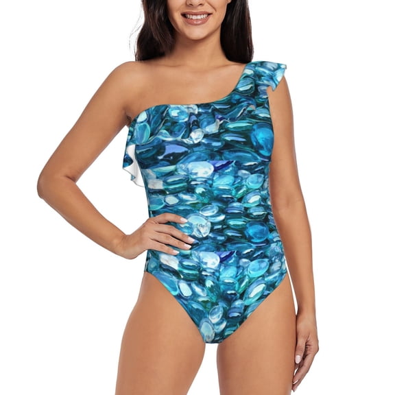 Salouo Blue Kyanite Pattern One Shoulder Ruffled One Piece Swimsuit for Women V Neck Swimwear Tummy Control Bathing Suit-XX-Large