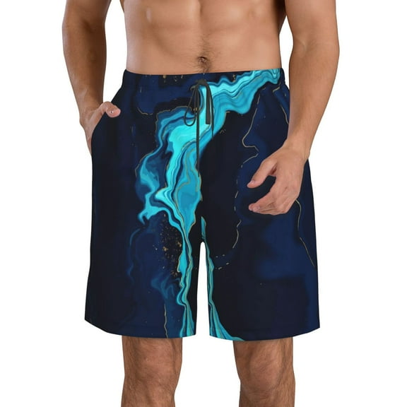 Salouo Blue Marble And Gold Pattern Swim Trunks for Men,Men's Hawaiian Bathing Suit Swimsuits Quick Dry Swimming Board Shorts Beach Shorts with Pockets-Large