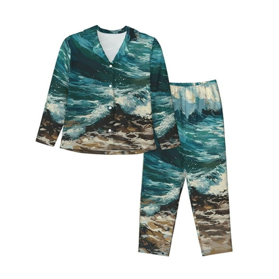 Salouo Blue Ocean Waves Pattern Women's Pajamas Set Long Sleeve Button Down Sleepwear Soft Pj Lounge Sets for women 2 Piece Pjs Set with Long Pants-XX-Large
