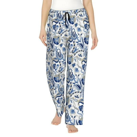 Salouo Blue Paisley Print Women's Pajama Pants Casual Loose Sweatpants PJs Flowy Pants Drawstring Palazzo for Women Wide Leg Pants Lounge Pajama -