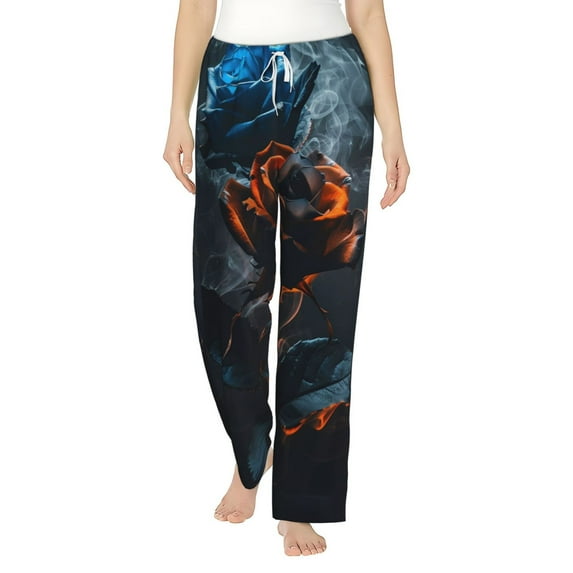 Salouo Blue and Red Roses Artwork Print Women's Pajama Pants Casual Loose Sweatpants PJs Flowy Pants Drawstring Palazzo for Women Wide Leg Pants Lounge Pajama -Small
