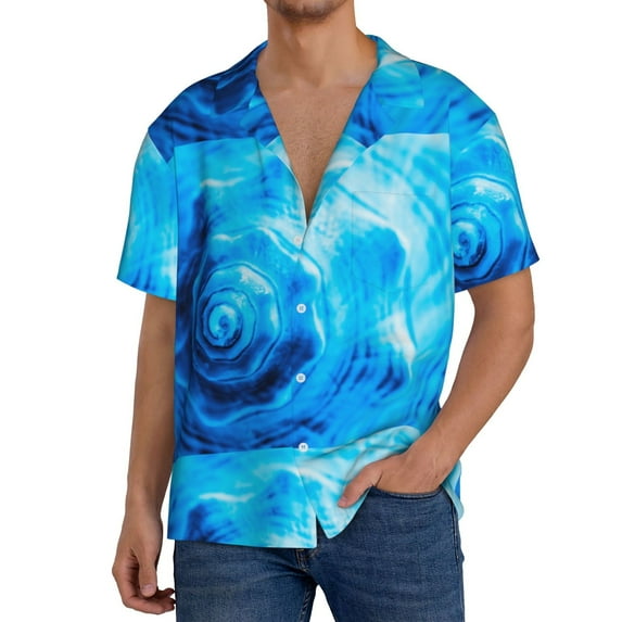 Salouo Blue Shell Pattern Cuban Collar Shirts for Men Button-Down Shirt Men's Short Sleeve Shirts Hawaiian Shirts Casual Shirts -Large