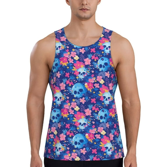 Salouo Blue Skull Flower for Men's Tank Tops,Sleeveless Muscle Shirts for Men Quick Dry Workout Tank Top Gym Muscle Tee Fitness Bodybuilding Sleeveless T Shirt-X-Large
