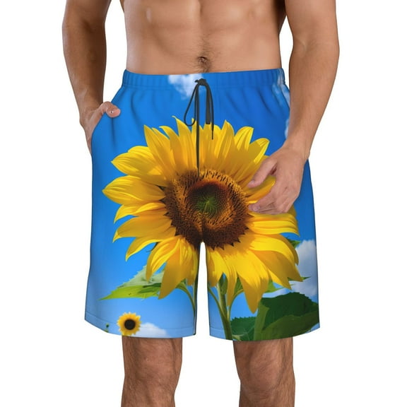 Salouo Blue Sky Sunflower Pattern Swim Trunks for Men,Men's Hawaiian Bathing Suit Swimsuits Quick Dry Swimming Board Shorts Beach Shorts with Pockets-