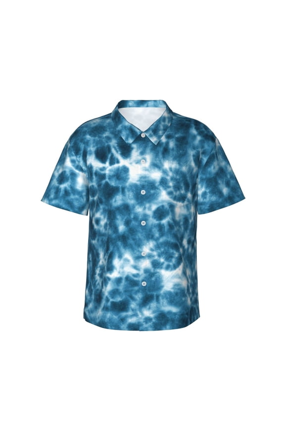 Blue Tie Dye for Hawaiian Shirt for Men,Summer Beach Casual Short Sleeve Button Down Shirts Men's Regular-Fit Short-Sleeve Print Shirt -Large