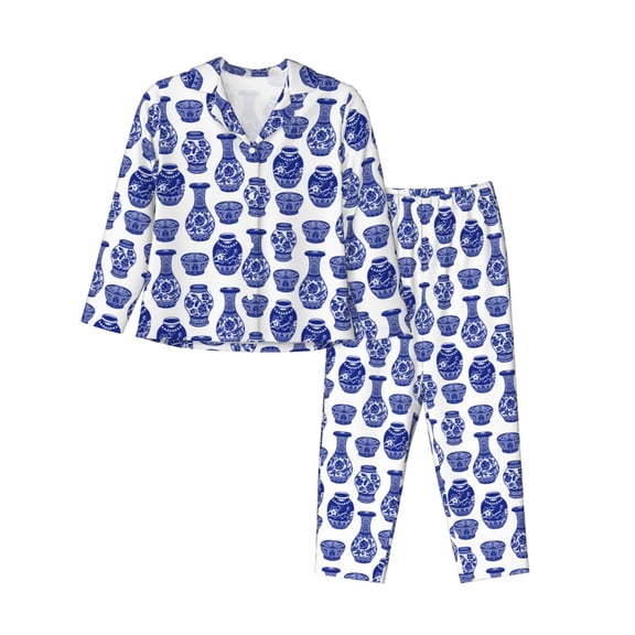 Salouo Blue Vases Pattern Women's Pajamas Set Long Sleeve Button Down Sleepwear Soft Pj Lounge Sets for women 2 Piece Pjs Set with Long Pants-Small