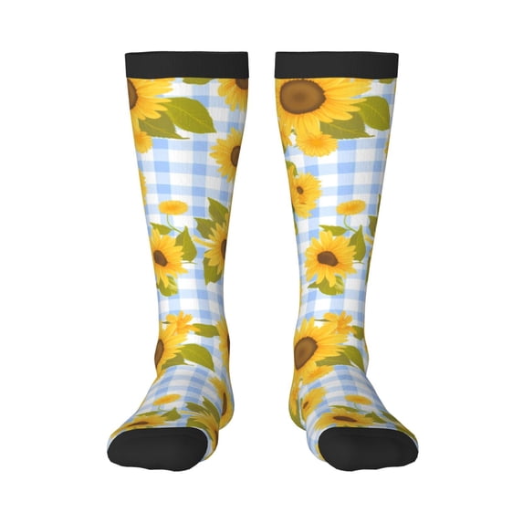 Salouo Blue White Plaid Sunflower Print Women's Men's Ankle Socks 1-pack Casual Athletic Socks for Unisex Adult Moisture-Wicking Socks for Daily Wear/Running/Sport