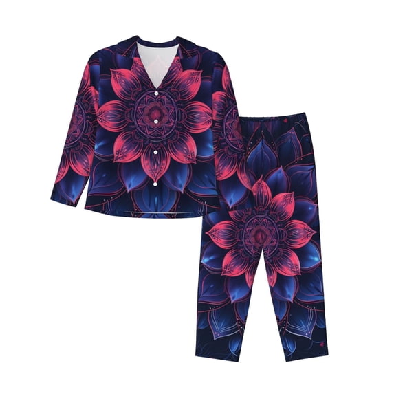 Salouo Bohemian Vintage Pattern Pattern Women's Pajamas Set Long Sleeve Button Down Sleepwear Soft Pj Lounge Sets for women 2 Piece Pjs Set with Long Pants -Small