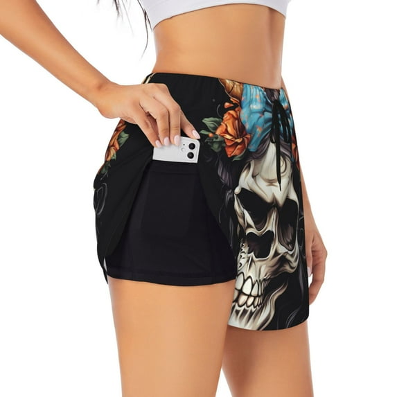 Salouo Bow Flower Skull Print Women's 2 in 1 Running Shorts Double-Layer Shorts Athletic Workout Gym Yoga Shorts Running Shorts for Women-X-Large