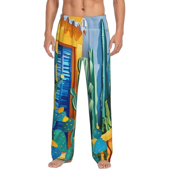 Salouo Bright Paper Cactus Scene Print Pajama Pants for Men, Lounge Pants Elastic Waistband Casual Men's sleepwear Loungewear Sleep Pajama Pant -Large