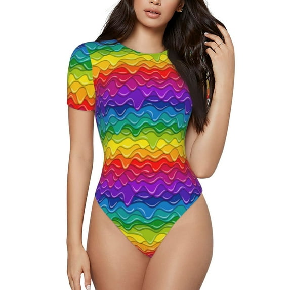 Salouo Bright Rainbow for Women's Short Sleeve Bodysuit,Sexy Bodysuits One Piece Round Neck Bodysuit Shapewear Tummy Control-Large