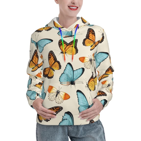 Salouo Butterflies Pattern Hoodie Sweatshirts for Women, Autumn Pullover Hoodie Workout Sweat Women's Long Sleeve Preppy Sweatshirts-X-Large