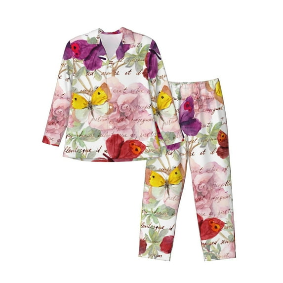 Salouo Butterflies and Vintage Print Button-Front Long Sleeve Pajama Set for Men, Soft 2Pjs Men's Long Sleeve Sleepwear-Large
