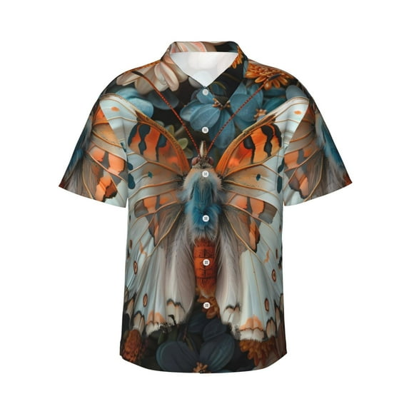 Salouo Butterfly and Bloom Beauty for Hawaiian Shirt for Men,Summer Beach Casual Short Sleeve Button Down Shirts Men's Regular-Fit Short-Sleeve Print Shirt -Large