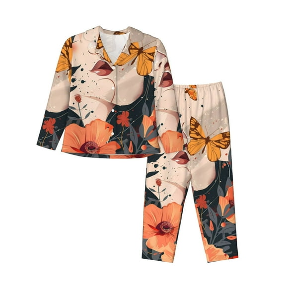 Salouo Butterfly Floral Elegance Pattern Women's Pajamas Set Long Sleeve Button Down Sleepwear Soft Pj Lounge Sets for women 2 Piece Pjs Set with Long Pants-X-Large