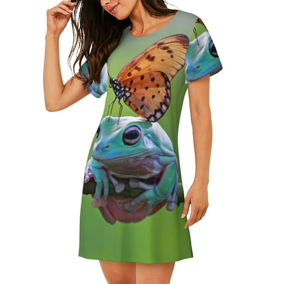 Salouo Butterfly Landing On Head Dumpy Frog Print Short Sleeve Sleepshirt for Womens Comfy Nightgown Scoopneck Cute Nightdress Ruffle -X-Large