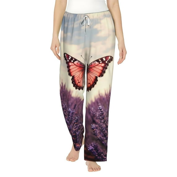 Salouo Butterfly Over Lavender Print Women's Pajama Pants Casual Loose Sweatpants PJs Flowy Pants Drawstring Palazzo for Women Wide Leg Pants Lounge Pajama -Small