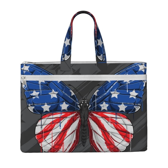 Salouo Butterfly With USA Flag for Canvas Tote File Bag, Tote Bag With Zipper Business Briefcase Document Bag with Handle A4 File Organizer Laptop Bag for Travel & Work