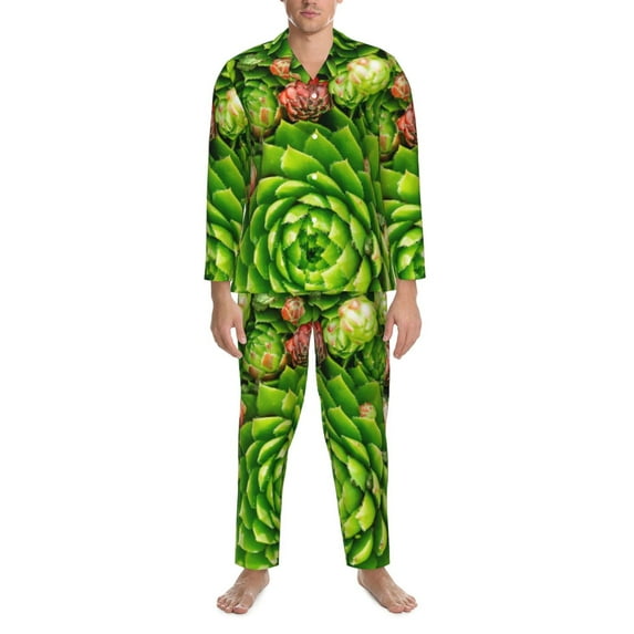 Salouo Cactus And Succulents Print Button-Front Long Sleeve Pajama Set for Men, Soft 2Pjs Men's Long Sleeve Sleepwear -XX-Large