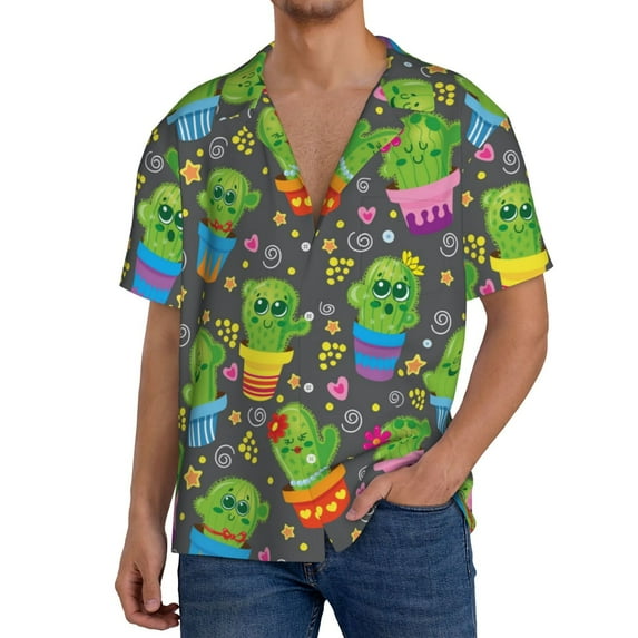 Salouo Cactus In Pots Pattern Cuban Collar Shirts for Men Button-Down Shirt Men's Short Sleeve Shirts Hawaiian Shirts Casual Shirts -4X-Large