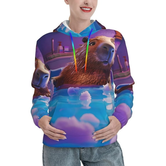 Salouo Capybara Bathtub Fun Pattern Hoodie Sweatshirts for Women, Autumn Pullover Hoodie Workout Sweat Women's Long Sleeve Preppy Sweatshirts-Medium